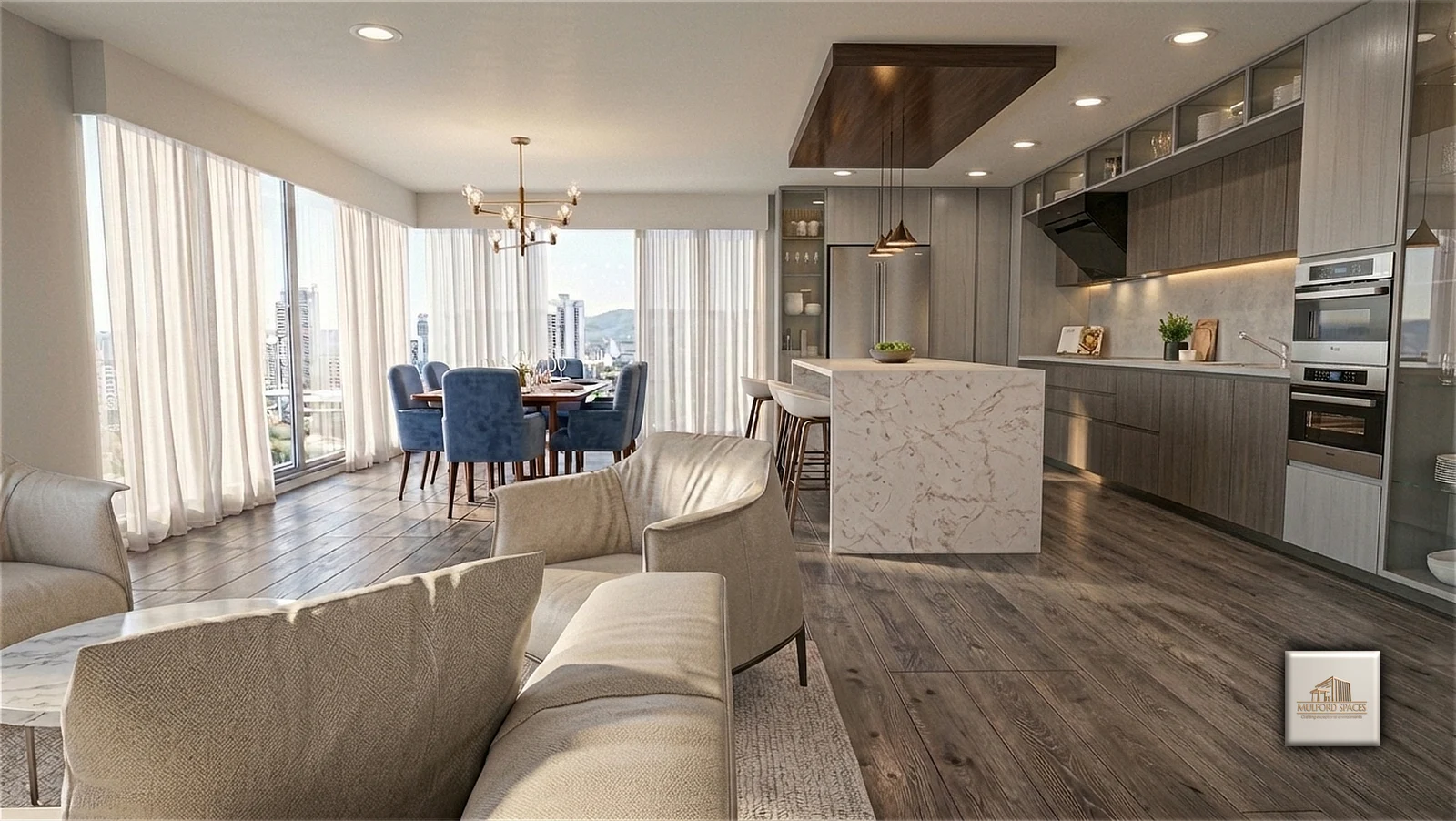 Conceptual 3D visualization of an open living, dining, and kitchen environment — Concept Study 01.