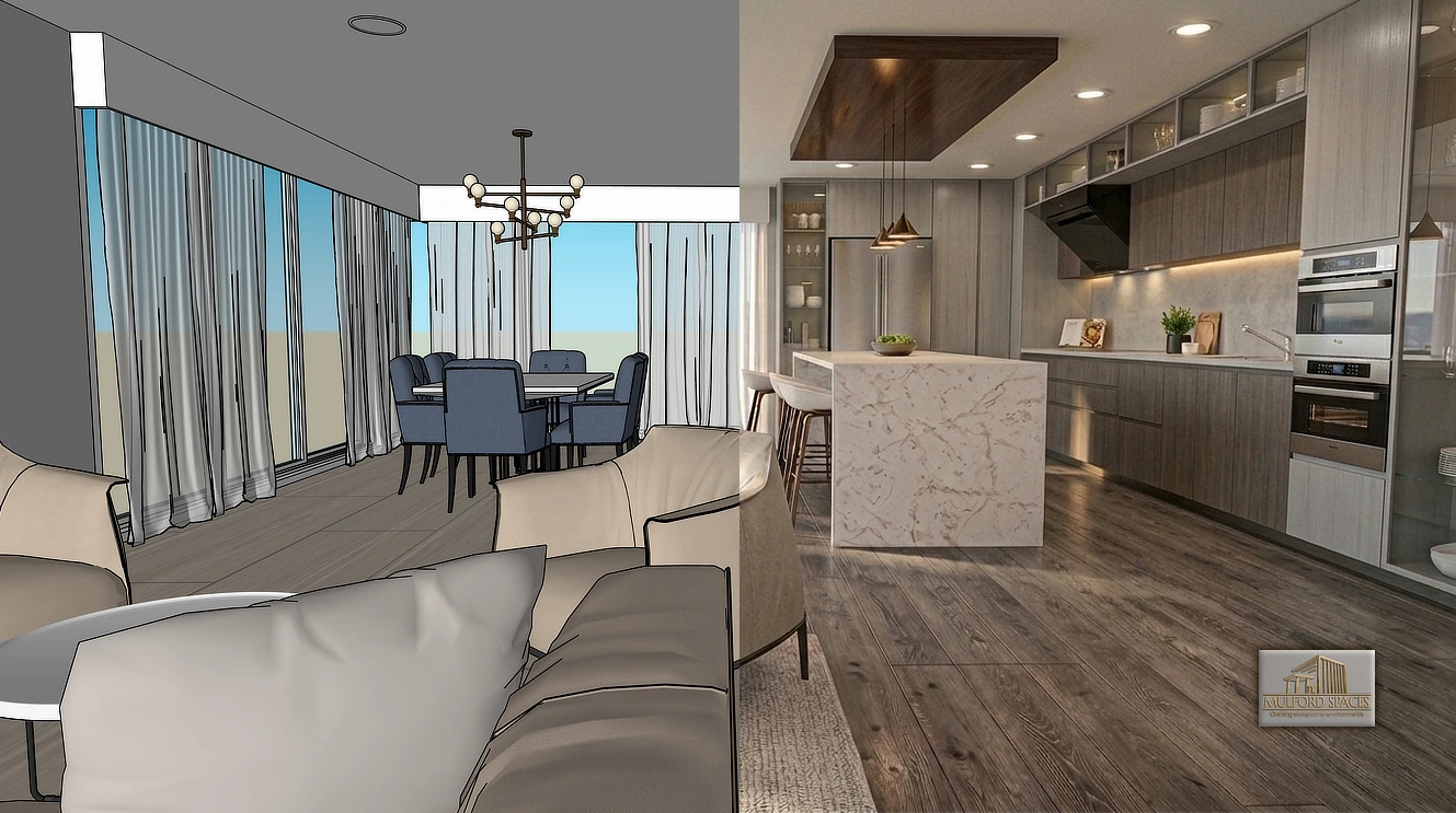 Side-by-side comparison of the Kitchen & Living Concept SketchUp model and final 3D visualization.